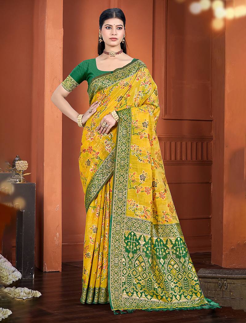 yellow color cotton silk blend fabric woven meenakari designer ethnic saree