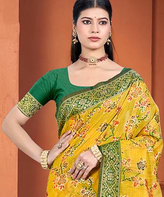 yellow cotton silk blend woven meenakari ethnic saree 2
