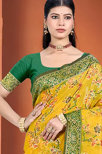 yellow cotton silk blend woven meenakari ethnic saree