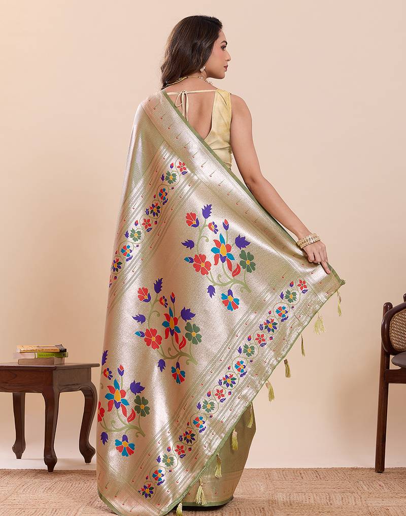 pista color beautiful soft silk blend fabric woven designer saree