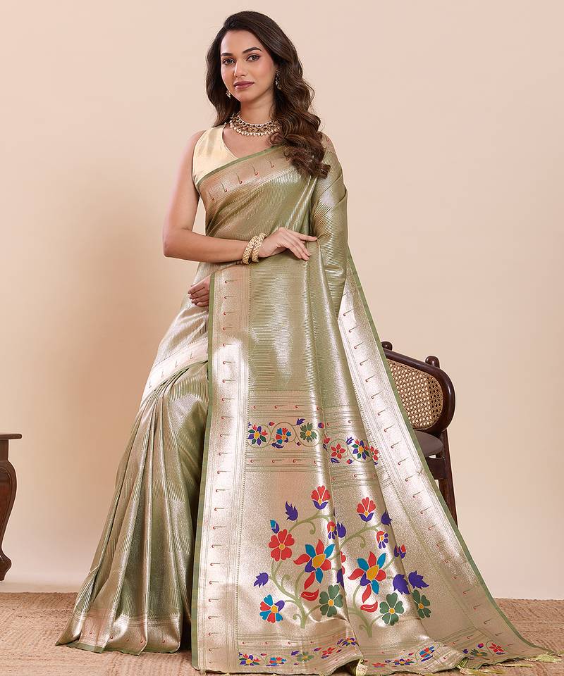 pista color beautiful soft silk blend fabric woven designer saree