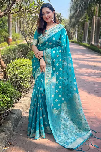 sky blue color organza fabric woven designer ceremonial partywear saree