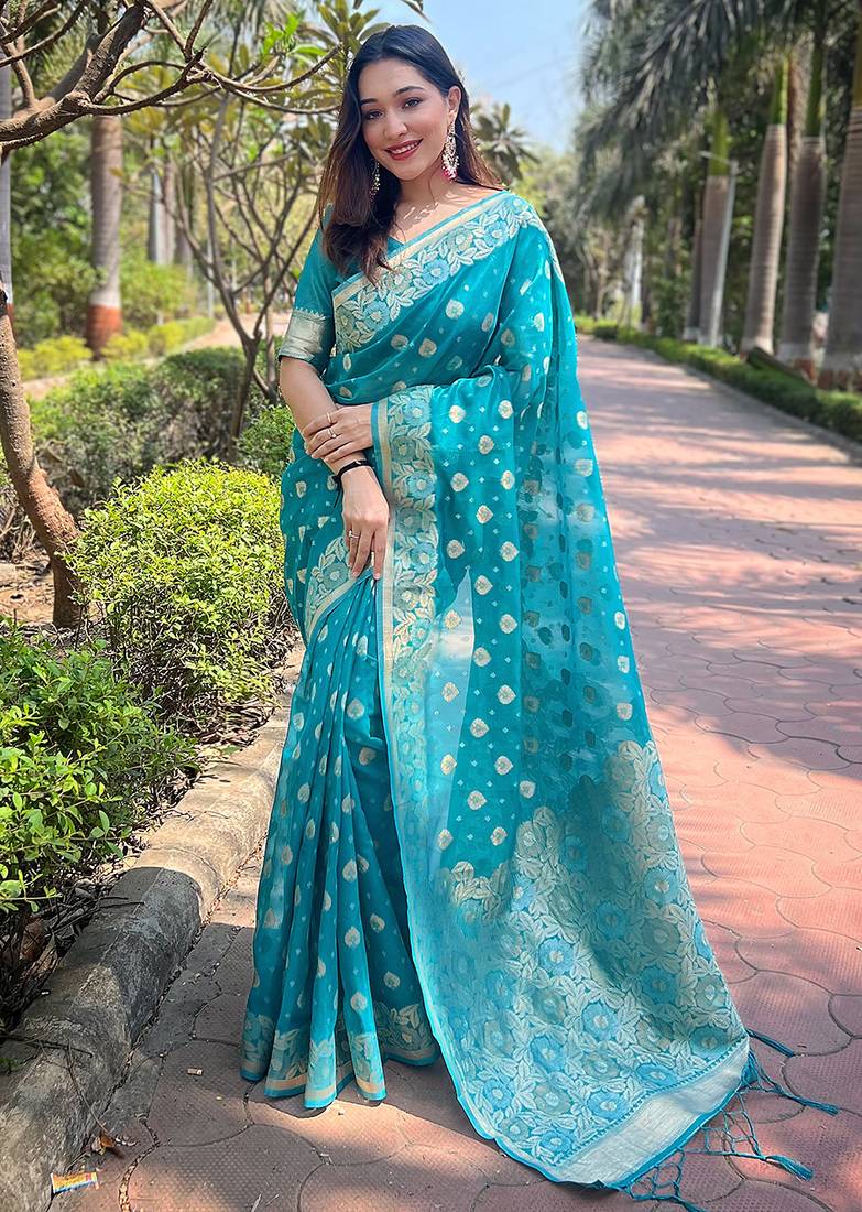 sky blue color organza fabric woven designer ceremonial partywear saree