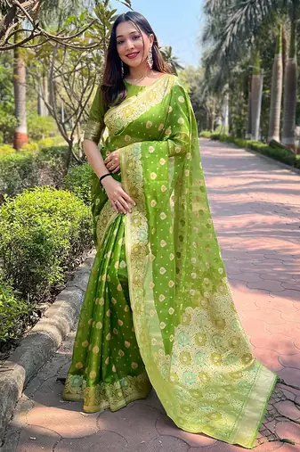 mahendi color organza fabric woven designer ceremonial partywear saree