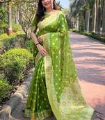 mahendi color organza fabric woven designer ceremonial partywear saree