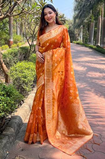 orange color organza fabric woven designer ceremonial partywear saree