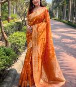 orange color organza fabric woven designer ceremonial partywear saree