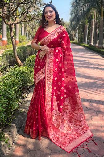 pink color organza fabric woven designer ceremonial partywear saree