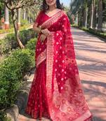 pink color organza fabric woven designer ceremonial partywear saree
