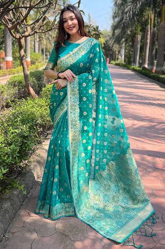 sea green color organza fabric woven designer ceremonial partywear saree