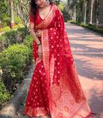 red color organza fabric woven designer ceremonial partywear saree