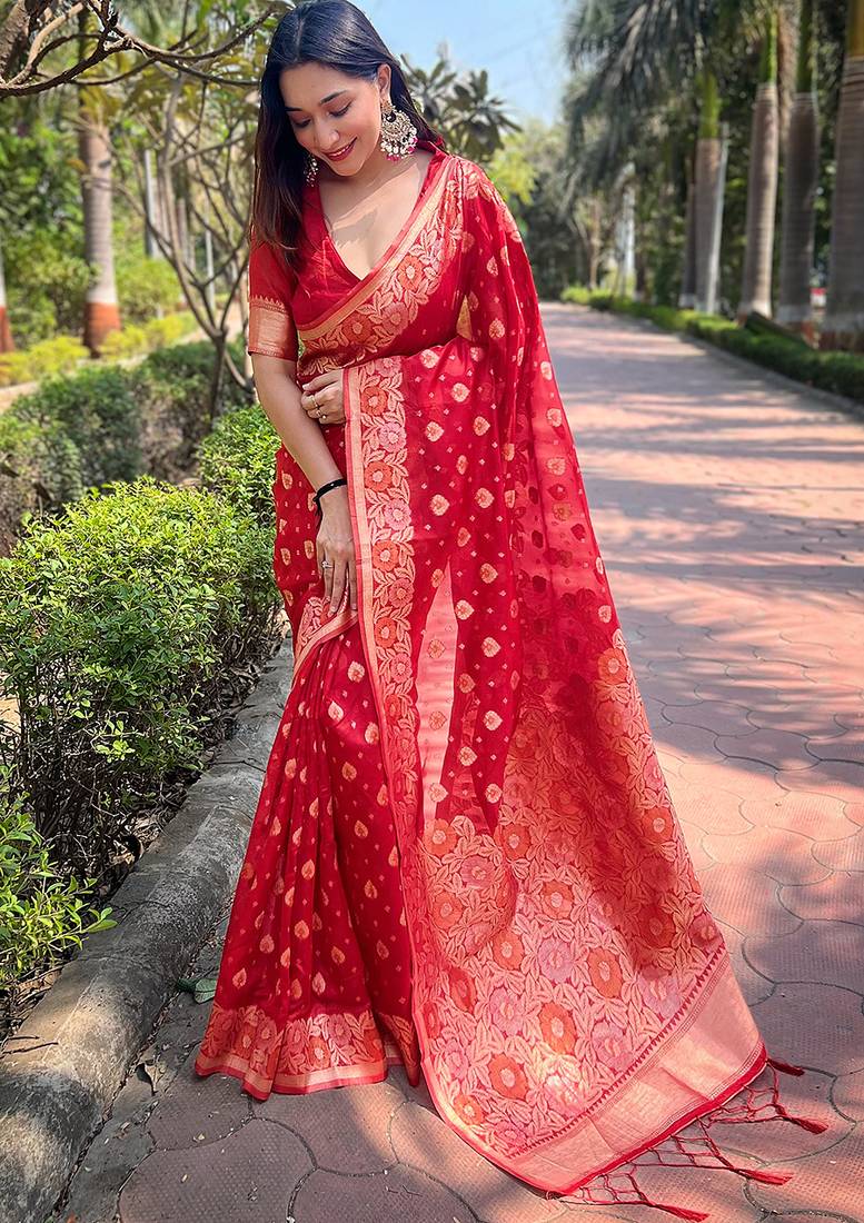 red color organza fabric woven designer ceremonial partywear saree