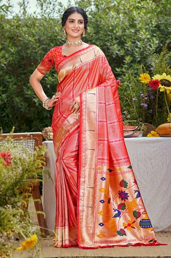 woven meenakari designer coral pink color ethnic partywear saree