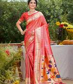 woven meenakari designer coral pink color ethnic partywear saree
