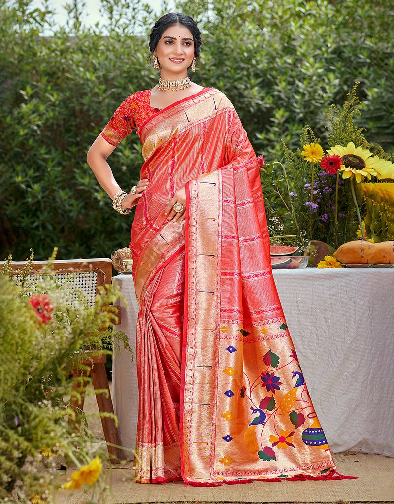 woven meenakari designer coral pink color ethnic partywear saree