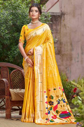 woven meenakari designer yellow color ethnic partywear saree