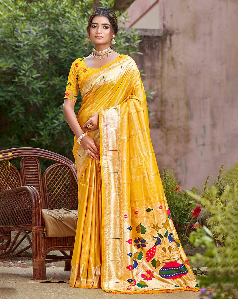 woven meenakari designer yellow color ethnic partywear saree
