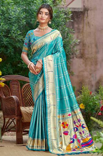 woven meenakari designer sea green color ethnic partywear saree