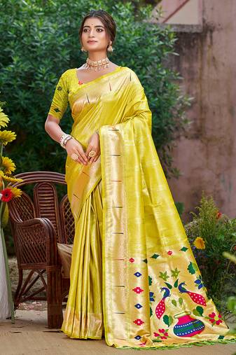 woven meenakari designer lemon yellow color ethnic partywear saree