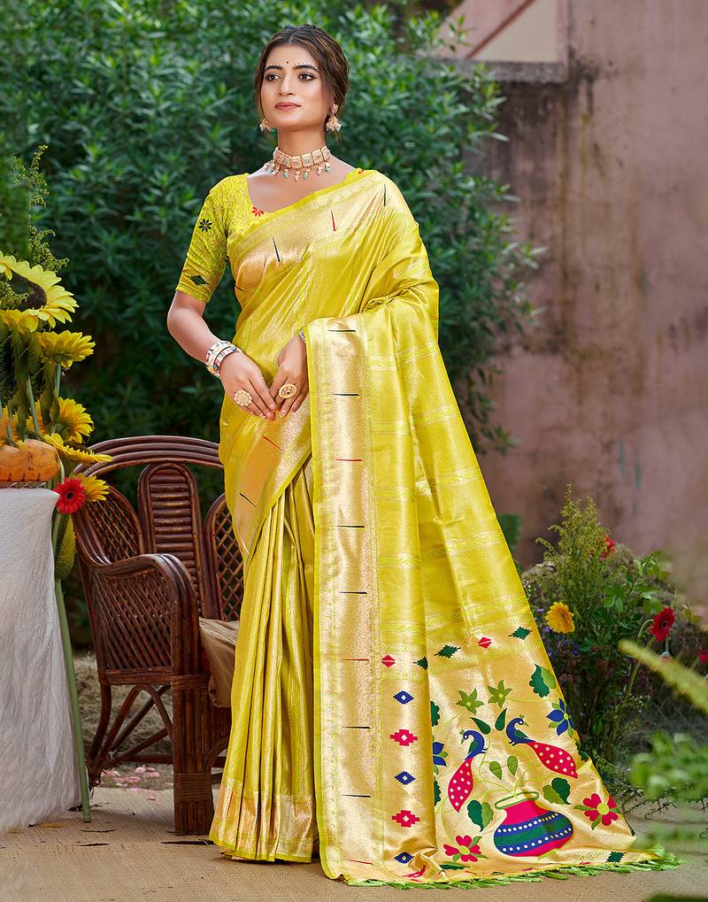 woven meenakari designer lemon yellow color ethnic partywear saree