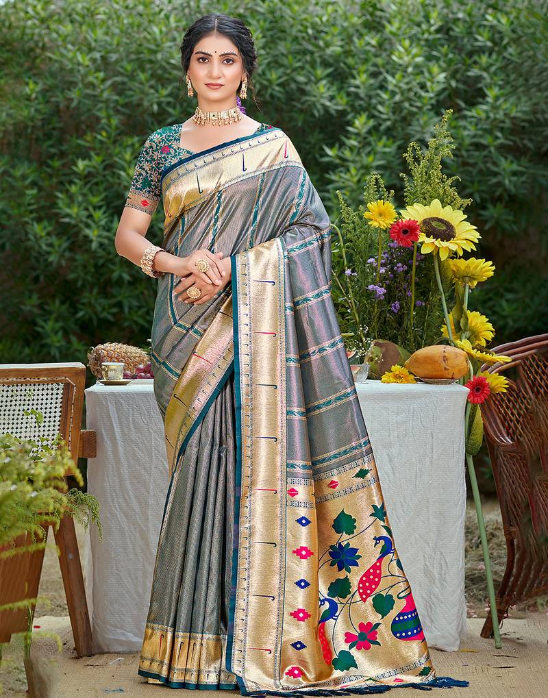 woven meenakari designer gray color ethnic partywear saree