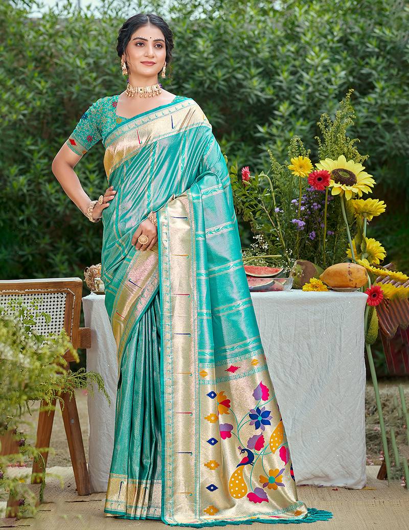 woven meenakari designer teal blue color ethnic partywear saree