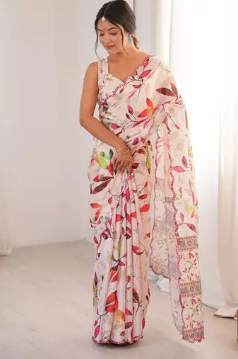 off white color chinon fabric digital printed partywear ceremonial saree