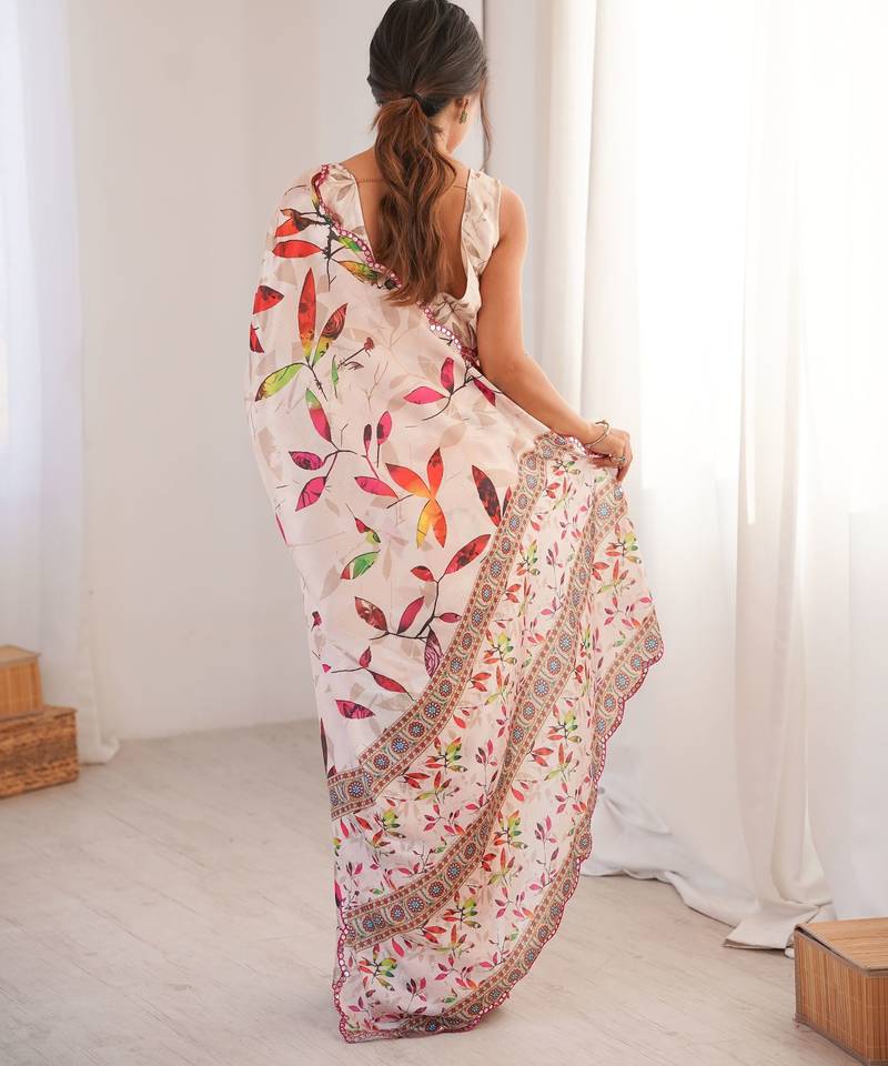 off white color chinon fabric digital printed partywear ceremonial saree