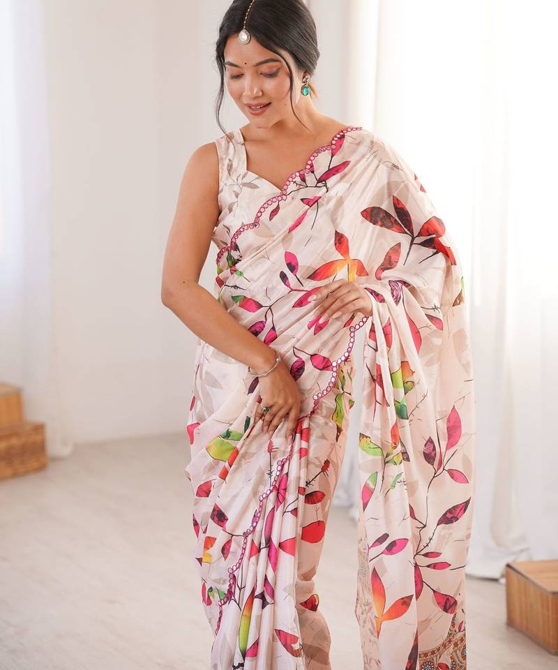 off white color chinon fabric digital printed partywear ceremonial saree