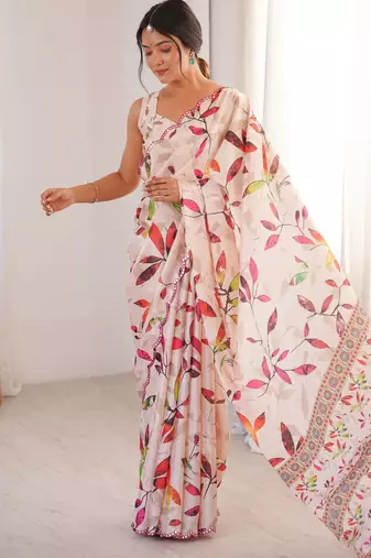 off white chinon digital printed partywear ceremonial saree