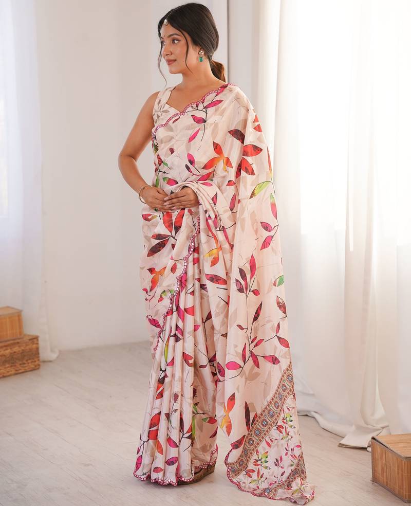 off white color chinon fabric digital printed partywear ceremonial saree
