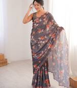 grey color chinon fabric digital printed partywear ceremonial saree
