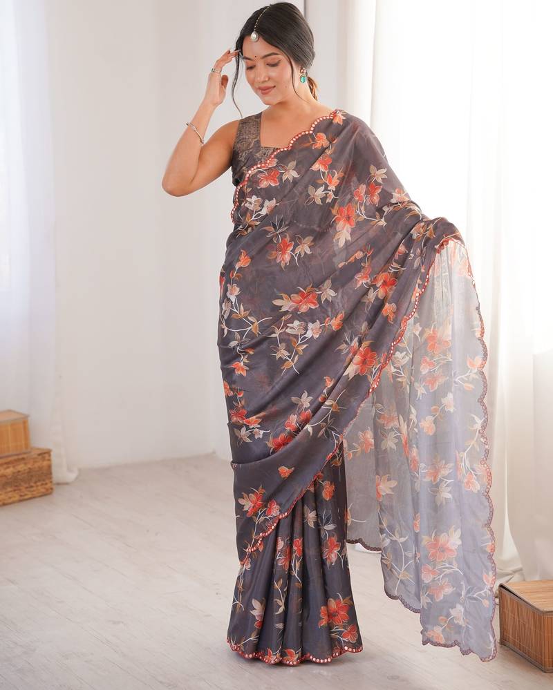 grey color chinon fabric digital printed partywear ceremonial saree