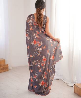 grey chinon digital printed partywear ceremonial saree 2