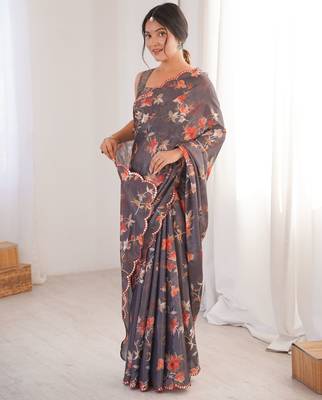 grey chinon digital printed partywear ceremonial saree 5