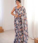 grey color chinon fabric digital printed partywear ceremonial saree