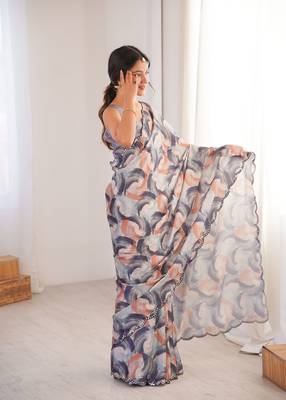 grey chinon digital printed partywear ceremonial saree 5