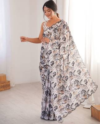 off white chinon digital printed partywear ceremonial saree 4