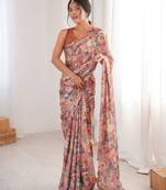 peach color chinon fabric digital printed partywear ceremonial saree