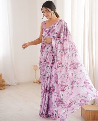 purple chinon digital printed partywear ceremonial saree 4