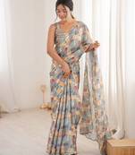multy color chinon fabric digital printed partywear ceremonial saree