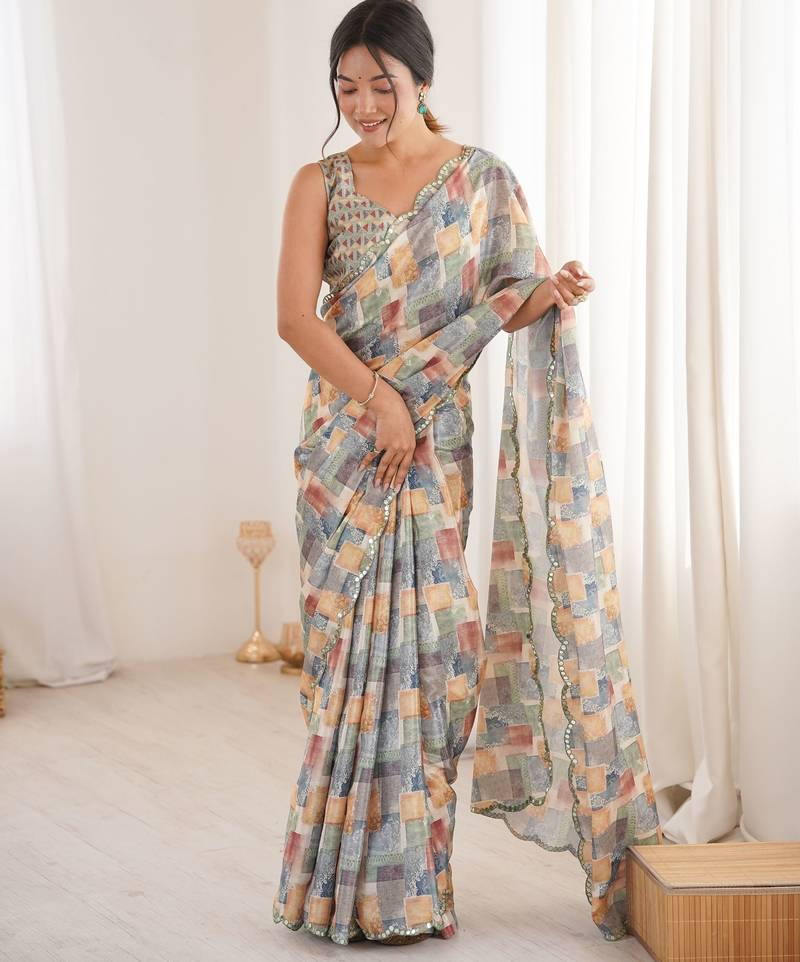 multy color chinon fabric digital printed partywear ceremonial saree