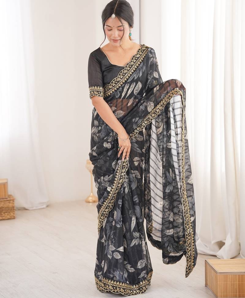black color marble patta fabric stylish festive special saree