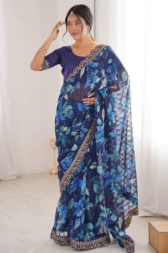 blue color marble patta fabric stylish festive special saree