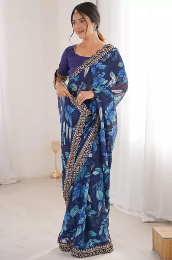 blue marble patta stylish festive special saree