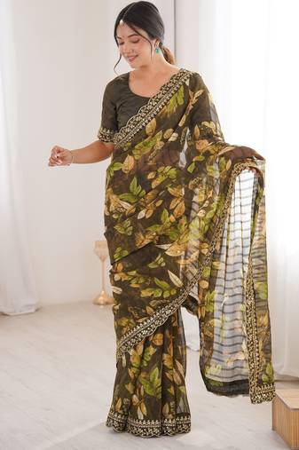 mahendi color marble patta fabric stylish festive special saree