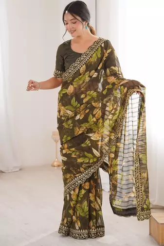 mahendi color marble patta fabric stylish festive special saree