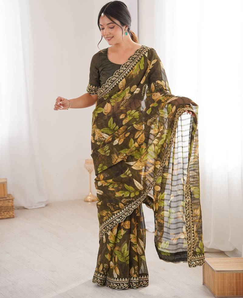 mahendi color marble patta fabric stylish festive special saree