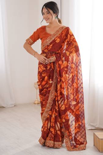 orange color marble patta fabric stylish festive special saree