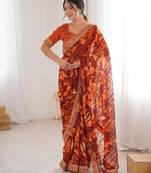 orange color marble patta fabric stylish festive special saree